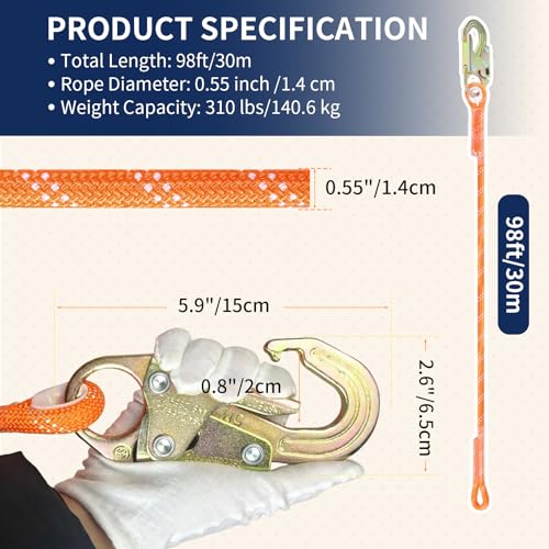 Image of Fall Protection Safety Rope 100FT, Heavy Duty Vertical Lifeline Assembly with Grab Snap Hooks Shock Absorber, Safety Lanyard for Roofing Tree Climbing Construction