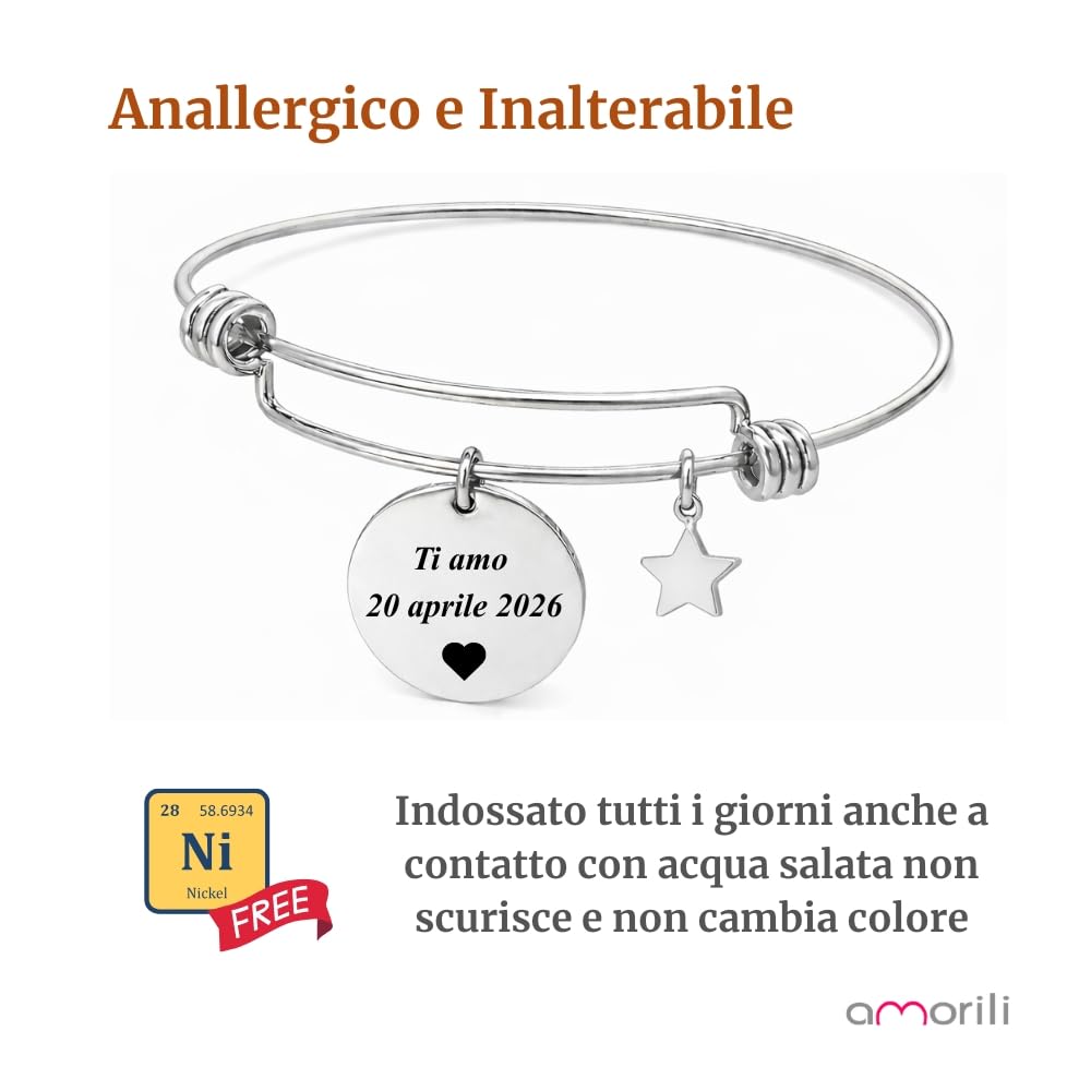 Bracciale Donna Personalizzato Personalizzabile con Incisione in Acciaio Inox Rigido – Incisione Nome Data Frase – Ciondolo Stella Stellina – Idea Regalo Elegante