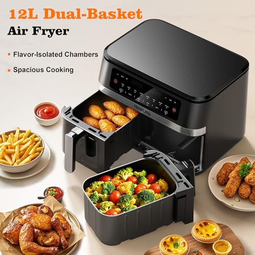 HoninJoy Large Dual Air Fryer with Viewing Window,12L Dual Zone Air Fryers 12-in-1 Digital Touchscreen 2 Drawers for Bake,Roast,Reheat,Broil, Nonstick Dishwasher Safe with 50pcs Paper Liners Black - Image 6