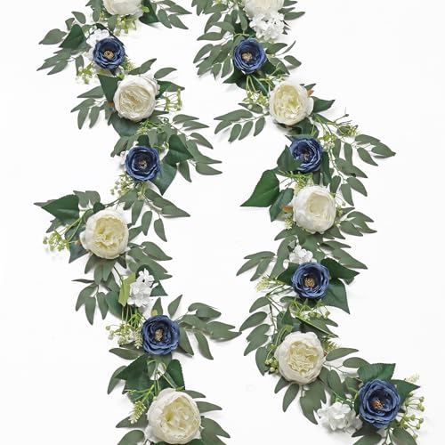 SOMYTING 2pcs Artificial Eucalyptus Flower Garland with Fake Rose Flower Vine Seeded Eucalyptus Leaves Greenery Garland for Wedding Table Backdrop Party Centerpiece Room Decor (Blue & White)