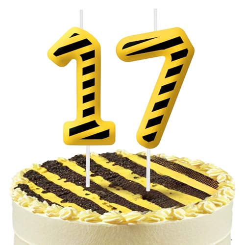 Construction 17th Birthday Number Candles, Number 17 Candle Cake Topper Decorations for Yellow and Black Striped Themed Parties, Birthday Cake Candles for Boys Girls Kids Party Supplies