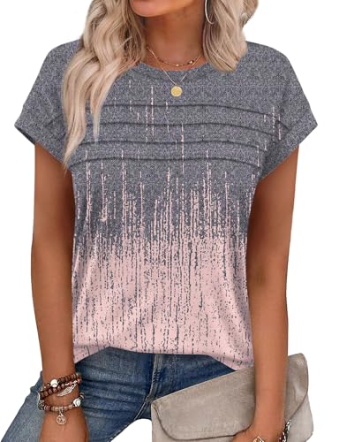 Chicrise Oberteile Damen Sommer Kurzarm Plissierte Rundhals Tshirt Fledermausärmel Elegant Locker Lässig Print Tunika Orange Grau Graffiti X Groß 46-48