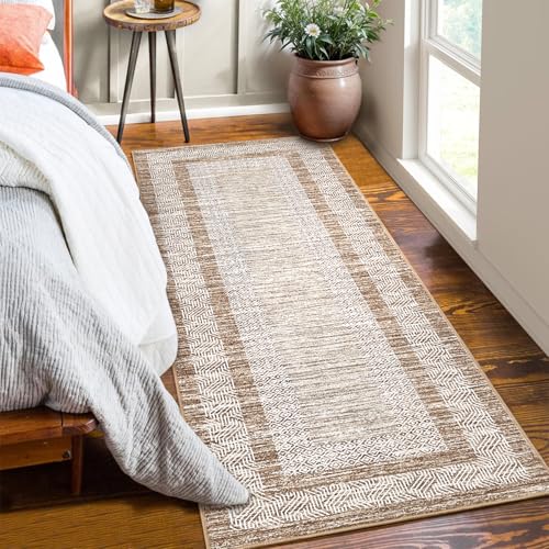 GarveeHome 2x6 Modern Bordered Runner Rug Non Slip Washable Floor Carpet | Soft Distressed Geometric Hallway Indoor Printed Rug for Kitchen Entrance Beside Rug, Brown