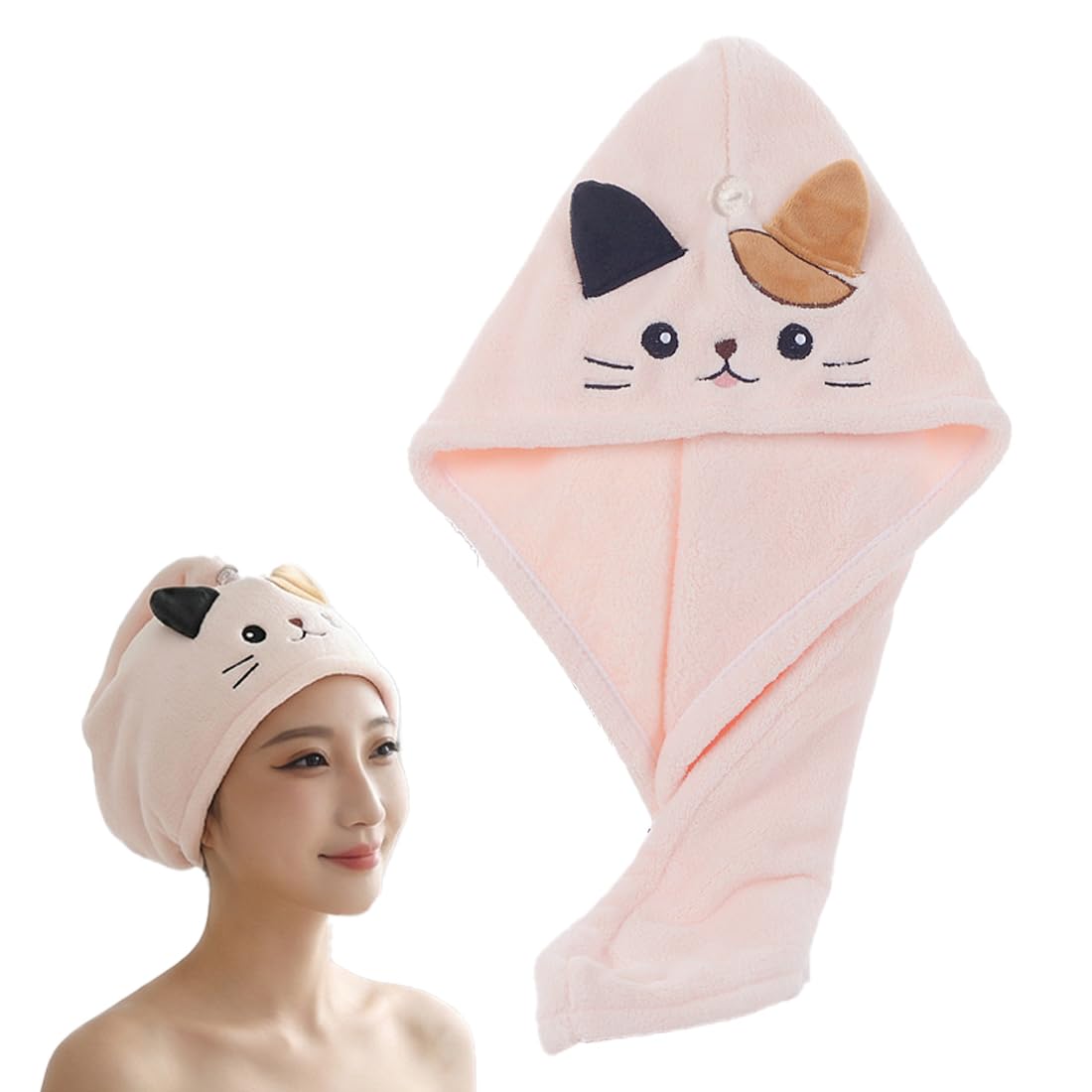 1 Pezzo Anti-Frizz Asciugamano per Capelli in Microfibra con Bottone, Turbante Asciugacapelli Morbido e Assorbente per Ragazze (Rosa)
