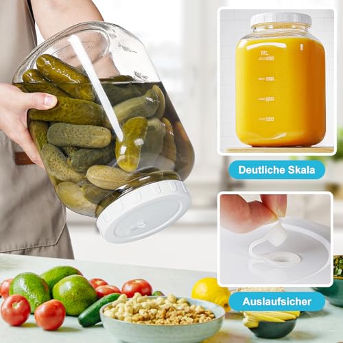 Absovetu 2 Stück Groß Fermentierglas mit Luftschleuse 5,7 Liter - Breiter Mund Fermentiergläser mit Gärventil Fermentier Set Fermentierglas mit Gewicht für Kimchi Sauerteig Sauerkraut Kefir Gemüse