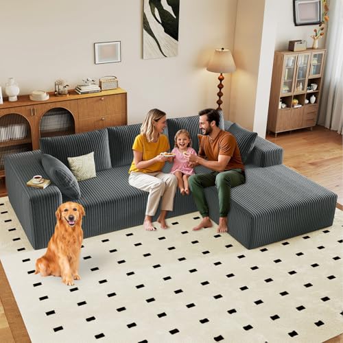 Image of 96 inch Modular Sectional Sofa, Modern Corduroy Cloud Couch with Deep Seat, Boneless Couch Upholstered 3-Seater L-Shaped Sofa for Living Room, No Assembly Required (Dark Grey, Right-Facing Chaise)