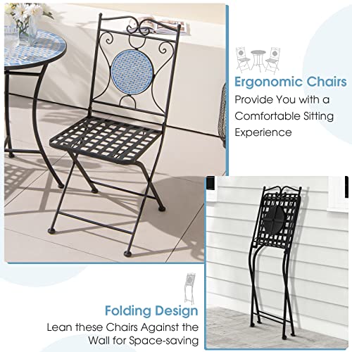Tangkula 3 Pieces Patio Bistro Set, Outdoor Garden Furniture Set With Mosaic Round Table And 2 Folding Chairs, Outdoor Bistro Set For Porch, Terrace, Balcony #TOP6