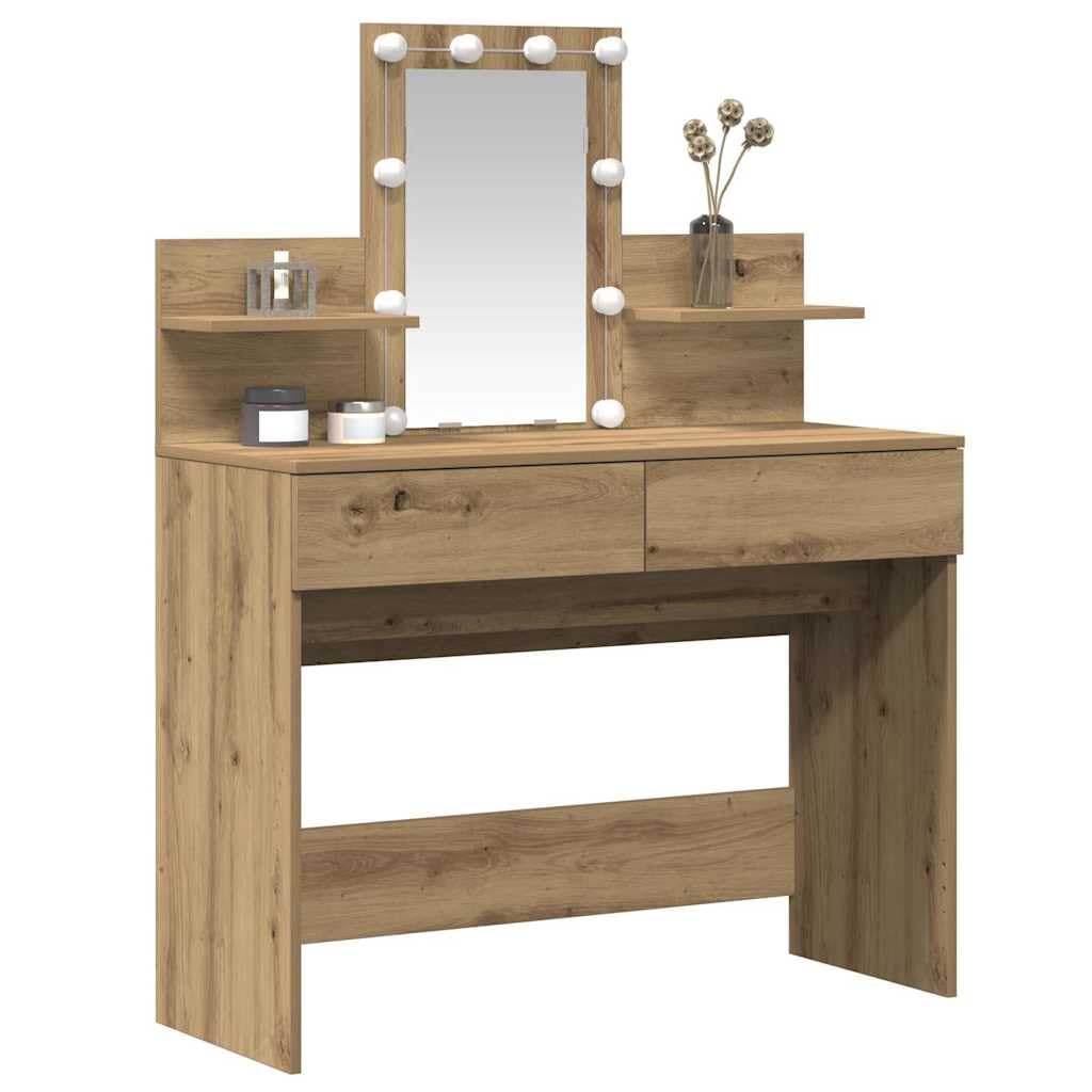 Toaletka Artisan dąb drewnopochodny, 100 x 40 x 130 cm, z oświetleniem LED, przestronne miejsce do przechowywania, 2 szuflady, 2 półki do sypialni, organizer na stół do makijażu