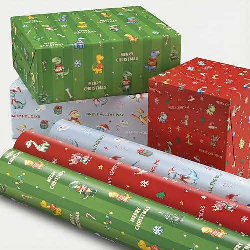 ZICOTO Beautiful Christmas Dinosaur Wrapping Paper Roll Set - Cute Set of 3 Quality Rolls With Festive Designs for Boys - Add a Touch of Magic to Every Kids Gift You Wrap - 17 x 120 in