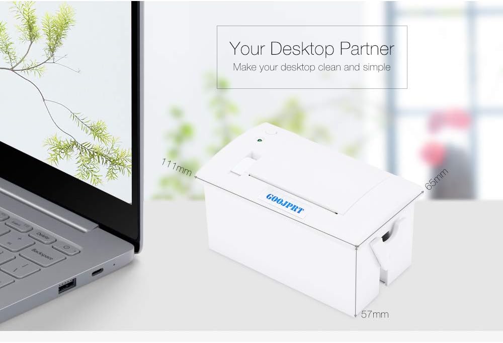 Image showing the printer with dimensions 111mm, 65mm, and 57mm, highlighting its compact size.