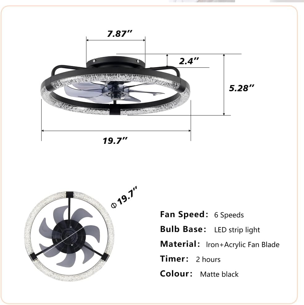 20" Ceiling Fans, LED Light Source and Remote Control, 3000-6500K Dimmable Modern Flush Mount LED Fan Light, 6 Speeds, Quiet DC Motor for Living Room (Matte Black + PC + Wood+Metal + Iron)