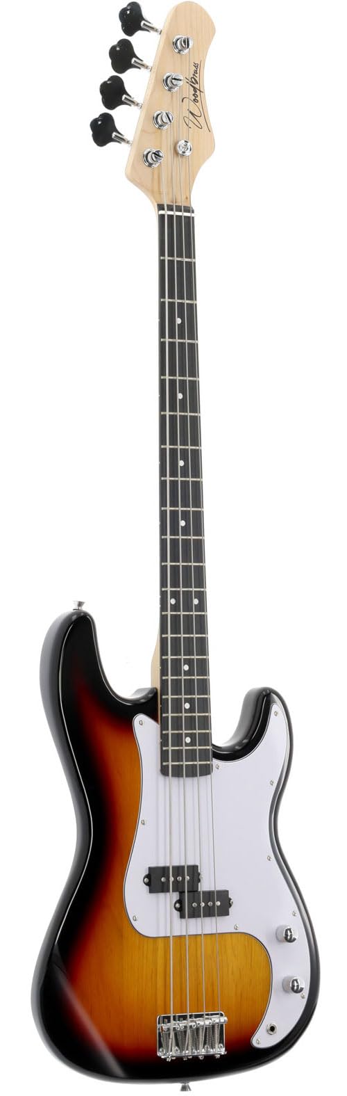 Woodbrass PB100 Sunburst - Bass elettrico multiuso per principianti, corpo a forma di PB, frassino in acero, stile rock, pop, funk, blues, hard, jazz