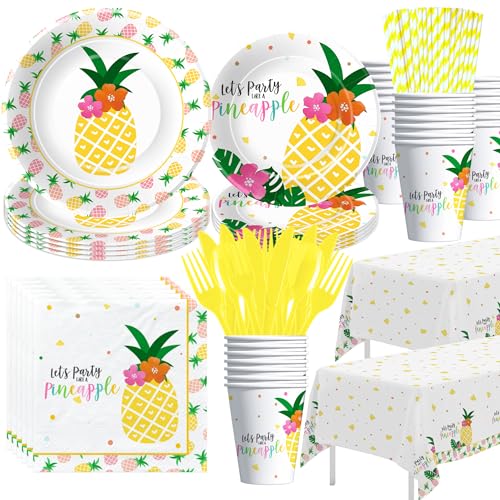 Xenorik Pineapple Party Decorations Tableware Summer Hawaiian Luau Theme Pineapple Birthday Party Supplies Dinnerware Paper Plate Cup Napkin Cutlery Tablecloth Serves 24