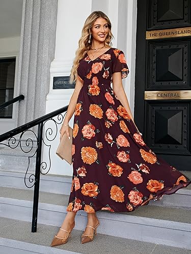 Image of Simplee Women's Boho Floral Maxi Dress Flowy Casual V Neck Short Sleeve Wedding Guest Holiday Beach Long Dress