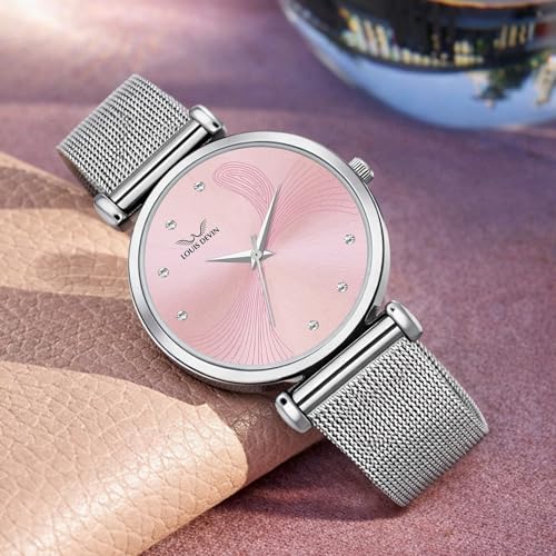 Image of LOUIS DEVIN Mesh-Type Stainless Steel Chain Analog Wrist Watch for Women (Black /Blue /Pink /Green Dial) | LD-L504-CH