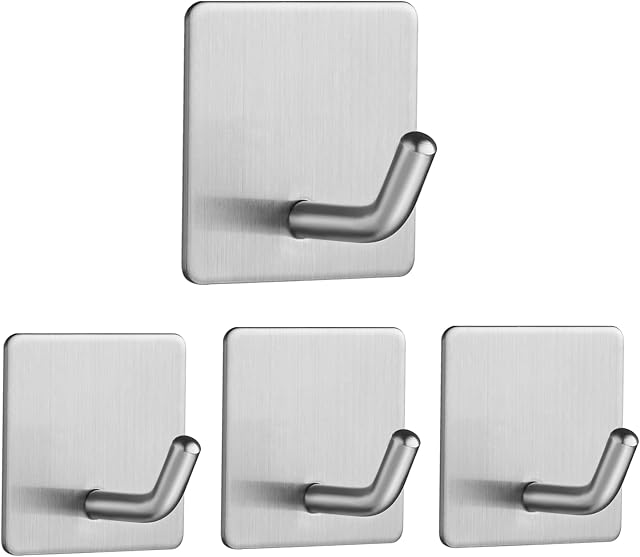 Stick on Hooks, Self Adhesive Hooks Stainless Steel Sticky Hooks Waterproof and Rustproof for Hanging on Wall, Door, Closet, Bathroom, Kitchen, Bedrooms for Towel, Tea Towel, Clothes - 4 Packs