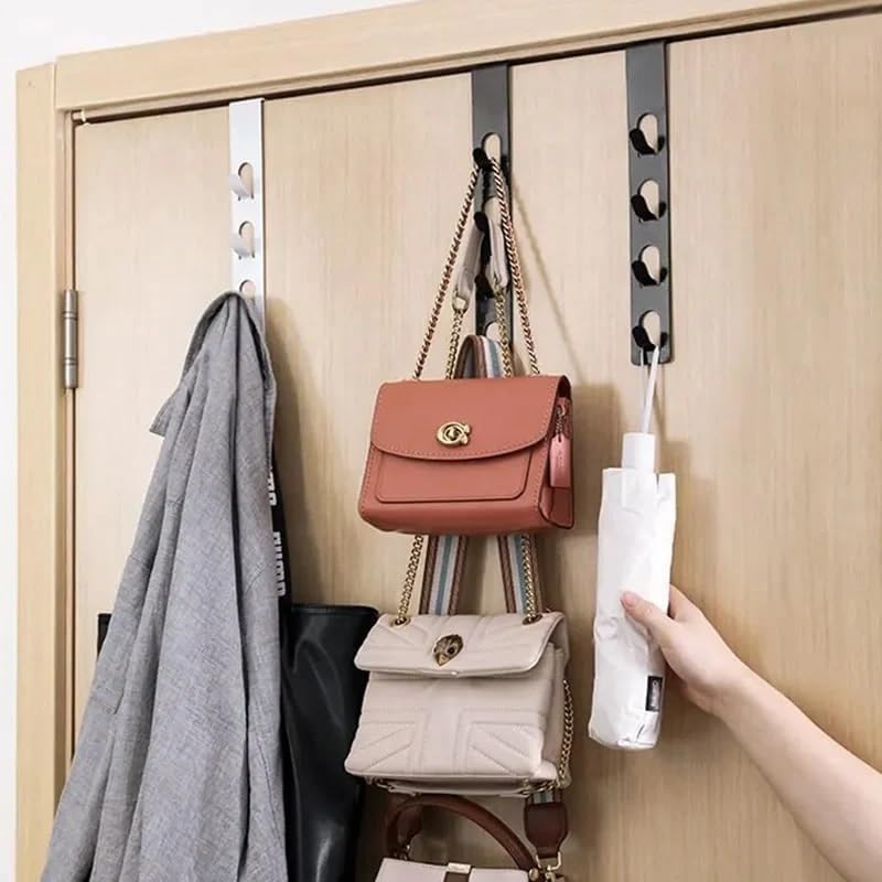 Image of Over The Door Hook Hanger, Heavy Duty Stainless Steel Door Hanging Organizer with 4 Hooks, No Drill Metal Overdoor Hook Rack for Clothes, Towels, Bags, Coats (Pack of 2)