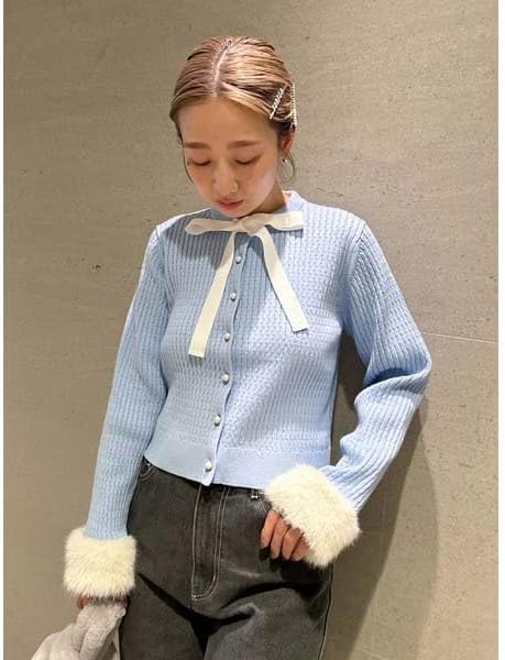 FURFUR リボン付き袖口ファーカーディガン USAGIONLINE限定 Amazon | リボン付き袖口ファーカーディガン RWNT251033SAXF