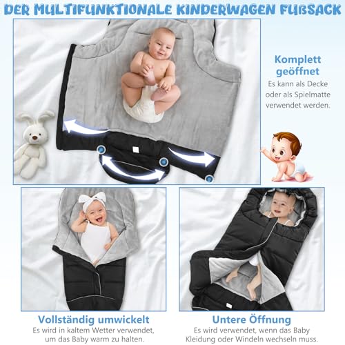 Fußsack Buggy,Fußsack Kinderwagen Winter mit Reißverschluss und Kapuze,Wasserdichter Warmes Thermo-Fleece Fusssack Buggy,Universal Fusssack Kinderwagen Baby Passend für alle Kinderwagen (Schwarz)