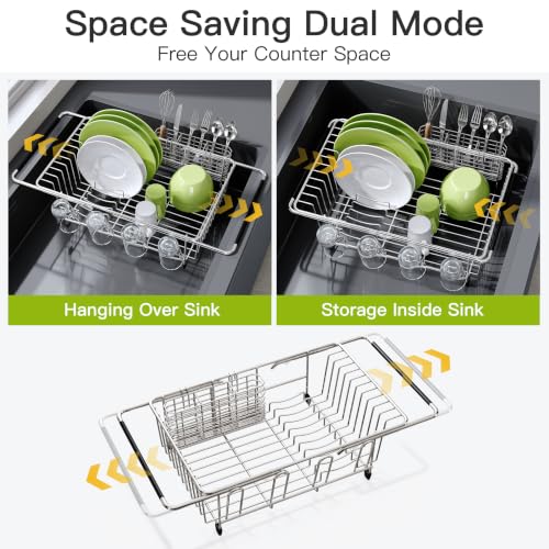 Image of JASIWAY Stainless Steel Dish Drying Rack in Sink with Metal Utensil Holder