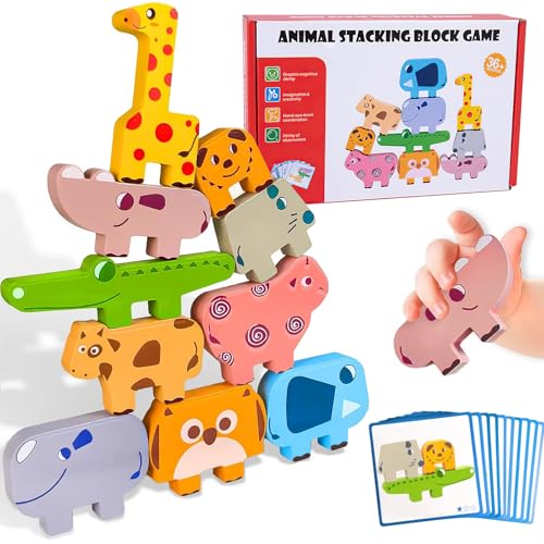 BYHANG 10 Pcs Juguete Montessori, Juguete de Equilibrio Animal para Niños, Juego de Apilamiento de Animal, con 10pc Tarjetas...