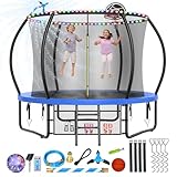 Lyromix 10FT Upgrade Outdoor Trampoline for Kids and Adults, Heavy Duty Trampolines with Lights, Recreational Trampolin with Net and Basketball Hoop, Sprinkler & Stakes