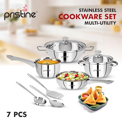 Pristine Tri Ply Induction Base Cooking Essential Stainless Steel Cookware Set |1 Sauce Pan, 1 Casserole, 1 Fry Pan, 1 Kadhai & 3 Serving Spoons... - Image 6