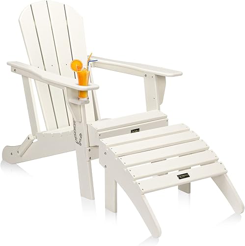 Miniatura 1 de VINGLI Silla Adirondack de plástico con otomana, plegable con soporte para tazas, material de polietileno de alta densidad impermeable, cómoda