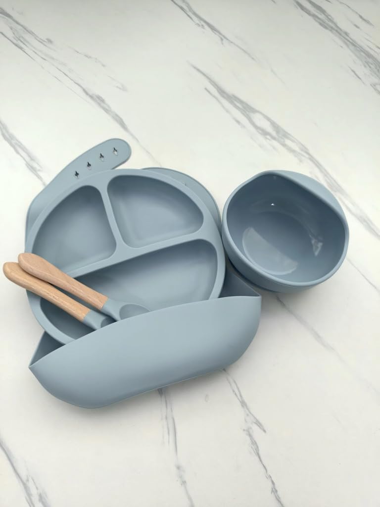 5-Piece Silicone Baby Feeding Set – Suction Bowl, Divided Plate, Adjustable Bib, Spoon & Fork – 100% Food-Grade Silicone, BPA Free, Non-Toxic, Dishwasher & Microwave Safe