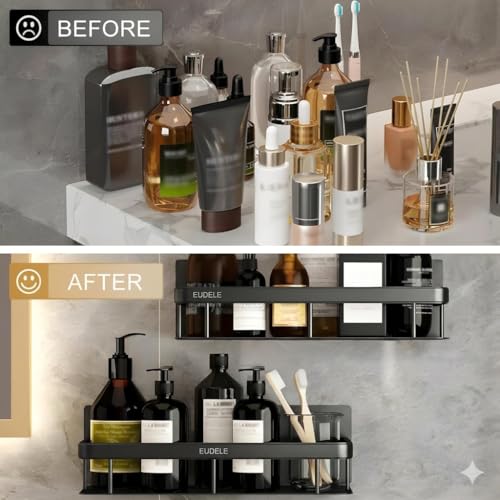 Image of EUDELE Aluminium Pack of 2, Self Adhesive Bathroom Shelf for Wall Shelf Organizer Wall Mounted Bathroom Shelves Rack Holder Stand for Bathroom Accessories Organiser Without Drill Black