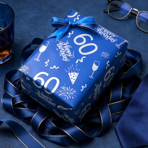 Geschenkpapierrolle zum 60. Geburtstag, 6 m x 43 cm, blau, ideal zum Verpacken von Geburtstagsgeschenken