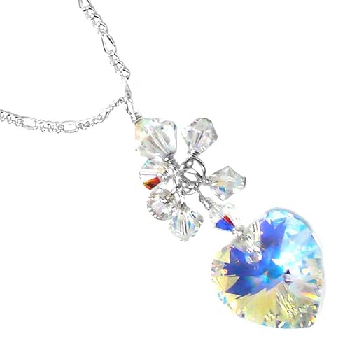 14x14mm Crystal Heart Cluster Drop Clear AB Chain Necklace Silver or Gold-Filled