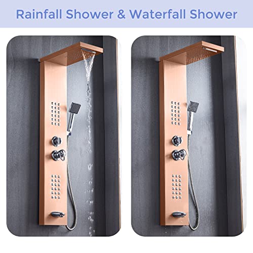 Delavin 5 In 1 Stainless Steel Shower Panel Tower System, Multi-Function Shower Panel With Rainfall Waterfall Head Shower, 2 Adjustable Massage Body Jets, Tub Spout, Handheld Shower, Brushed Rose Gold #TOP2