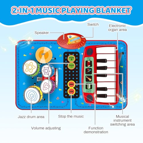 Image of PATPAT 8 Instrument Piano Keyboard Musical Mat for Kids 1-6 Years, 8 Sounds and 6 Modes Foldable Baby Drum Mat Educational Music Play Mat Toy Gift for Boys and Girls 90*70 CM