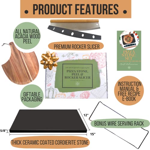 Black Pizza Stone For Oven And Grill With Wood Pizza Peel & Pizza Cutter - Cordierite Baking Stone Ceramic Coated Stainless And Non-Stick - Detachable Serving Handles - 15 Inch X 12 Inch Large #TOP5