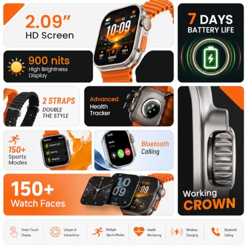 Image of T900 Ultra Smart Watch with Orange Strap, Bluetooth Connectivity, Fitness Tracking, HD Display (Orange)