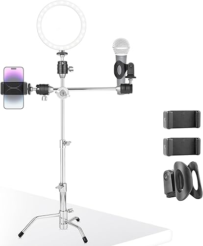 LOMTAP Soporte C Mini Fotografía Soporte de luz para teléfono celular Escritorio LED Anillo Luz Accesorios para cámara con 1 soporte para micrófono,