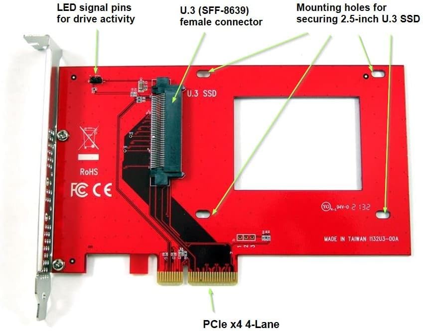 Ableconn PEXU3-132 NVMe 2.5-inch U.3 SSD PCIe 4.0 x4 SFF-TA-1001 Carrier Adapter Card - U.3 to PCIe 4.0