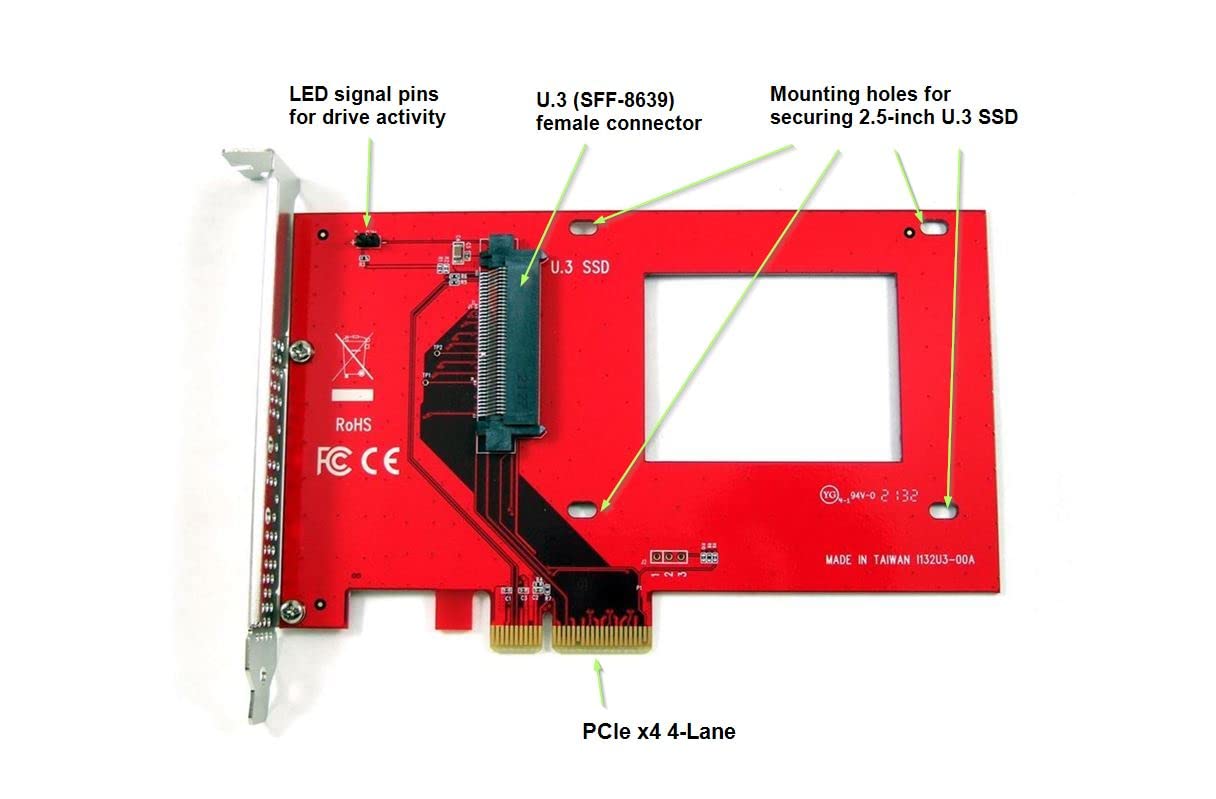 Ableconn PEXU3-132 NVMe 2.5-inch U.3 SSD PCIe 4.0 x4 SFF-TA-1001 Carrier Adapter Card - U.3 to PCIe 4.0
