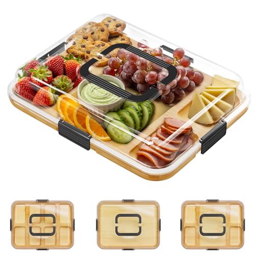 SpaceAid Charcuterie Board with Clear Lid, Portable Travel Cheese Cutting Boards for Picnic Accessories, Bamboo Serving Tray with Lids, House Warming Gifts, Black Handles, 5 Compartments
