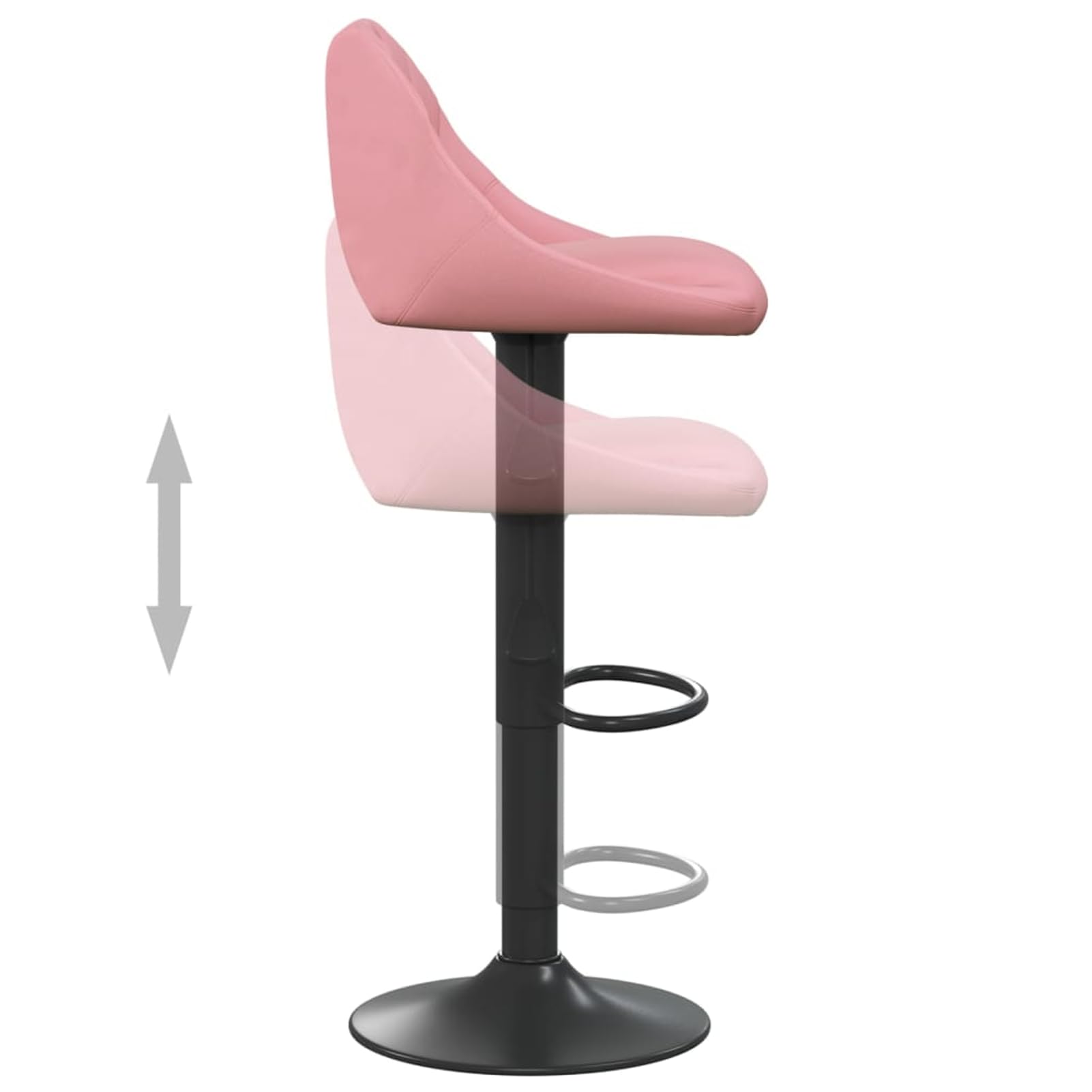 Taburete de bar de terciopelo rosa con resorte de gas, altura regulable (82 – 103 cm), giratorio 360°, reposapiés, estructura de acero, para bar y isla de cocina