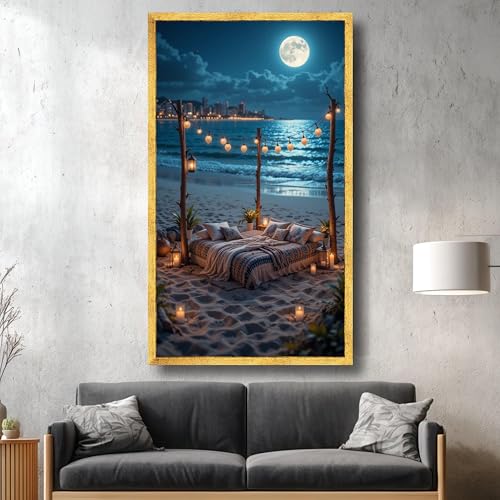 Tableau romantique lit de plage déco murale extérieure nuit - 4