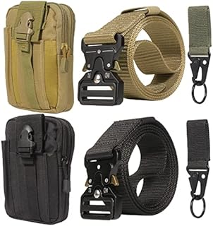 Kyrio 2 Pack Tactical Belt, EDC Molle Pouch & Gear Clip, Military Work Nylon Belt with Quick Release Metal Buckle, Military Style Webbing Riggers Web Belt for Men/Women Outdoor Sports Camping Hunting (Black,Tan)