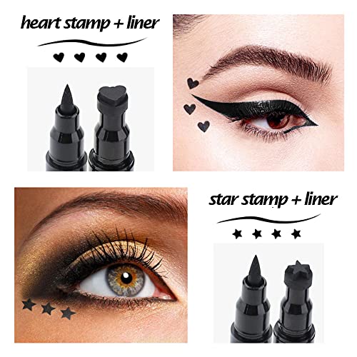 Red & Black Liquid Eyeliner And Heart Star Stamp Set│4 Pcs Winged Eye Liners And Fun Shapes Stamps, Dual Ended 2-In-1 Eye Makeup Pen #TOP2