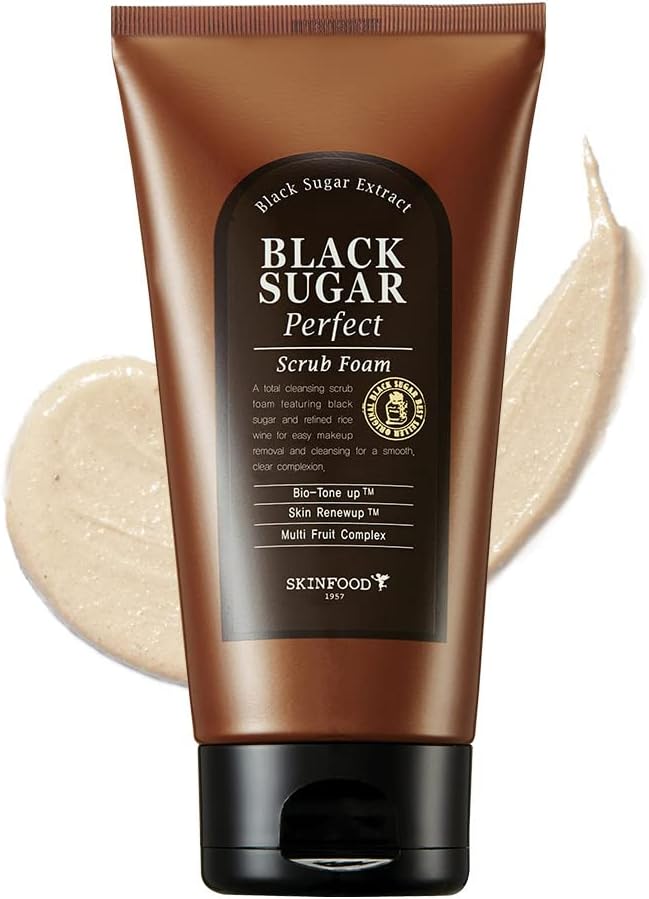 SKINFOOD Black Sugar Perfect Scrub Foam 180g - Detoxifying Pore Scrubs & Exfoliator Soft & Rich Bubble Facial Foam Cleanser, Removes Dead Skin Cells - Exfoliating Skincare for Men & Women (6.35 oz)