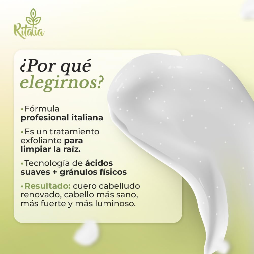 Ritalia® EXFOLIANTE CAPILAR Grande 250ml BIO sin sulfatos ni parabenos, Exfoliante cuero cabelludo SCALP SCRUB cabello graso o seco Micro peeling capilar desintoxica purifica y reequilibra
