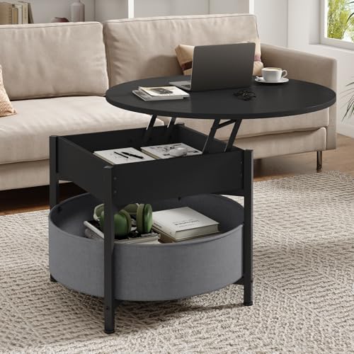 KIMENICH Table Basse Ronde, Table Basse Relevable, Tables de Salon avec Compartiment Caché et Panier en Tissu, Tables Basses avec Plateau Relevable, pour Salon, Bureau,...