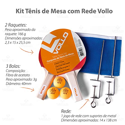Kit Tênis de Mesa 2 Raq. 3 Bolas e Suporte Vollo Sports