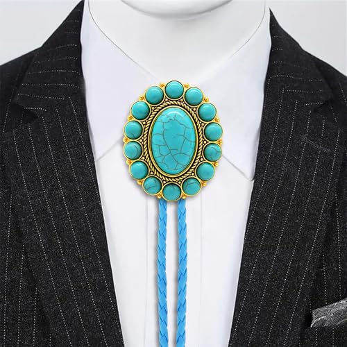 Image of GelConnie Bolo Tie for Men Women Western Cowboy Turquoise Leather Necktie | Natural Stone Bolo Tie Necklace for Women Rodeo Cowboy Leather Necktie Native American Western Cowgirl Ties Adjustable Cord