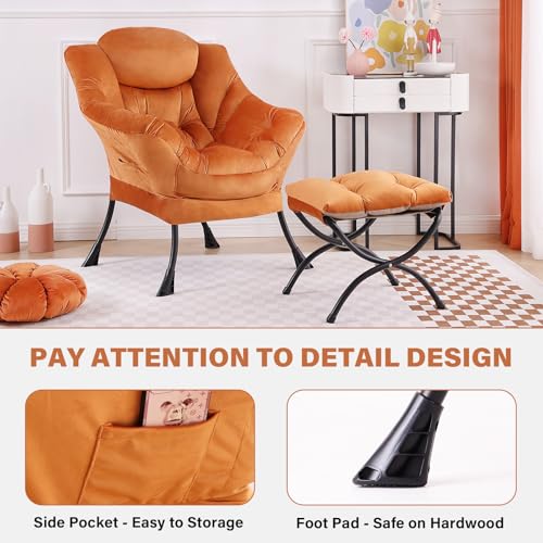 Image of Tiita Lazy Chair with Ottoman, Orange Modern Large Accent Armchair, Comfy Leisure Sofa Reading Chair with Footrest for Bedroom, Living Room, Dorm Rooms, Garden, Velvet Orange